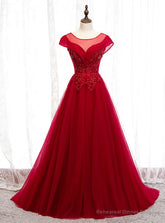 A-Line Burgundy Tulle Cap SLeeve Backless Prom Dress